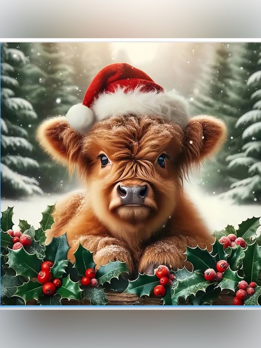 Festive Red Santa Hat Highland Calf Diamond Art Kit, Round Drill
